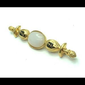 Vintage FF logo Fendi milk glass gold tone brooch pin. FF fendi jewelry